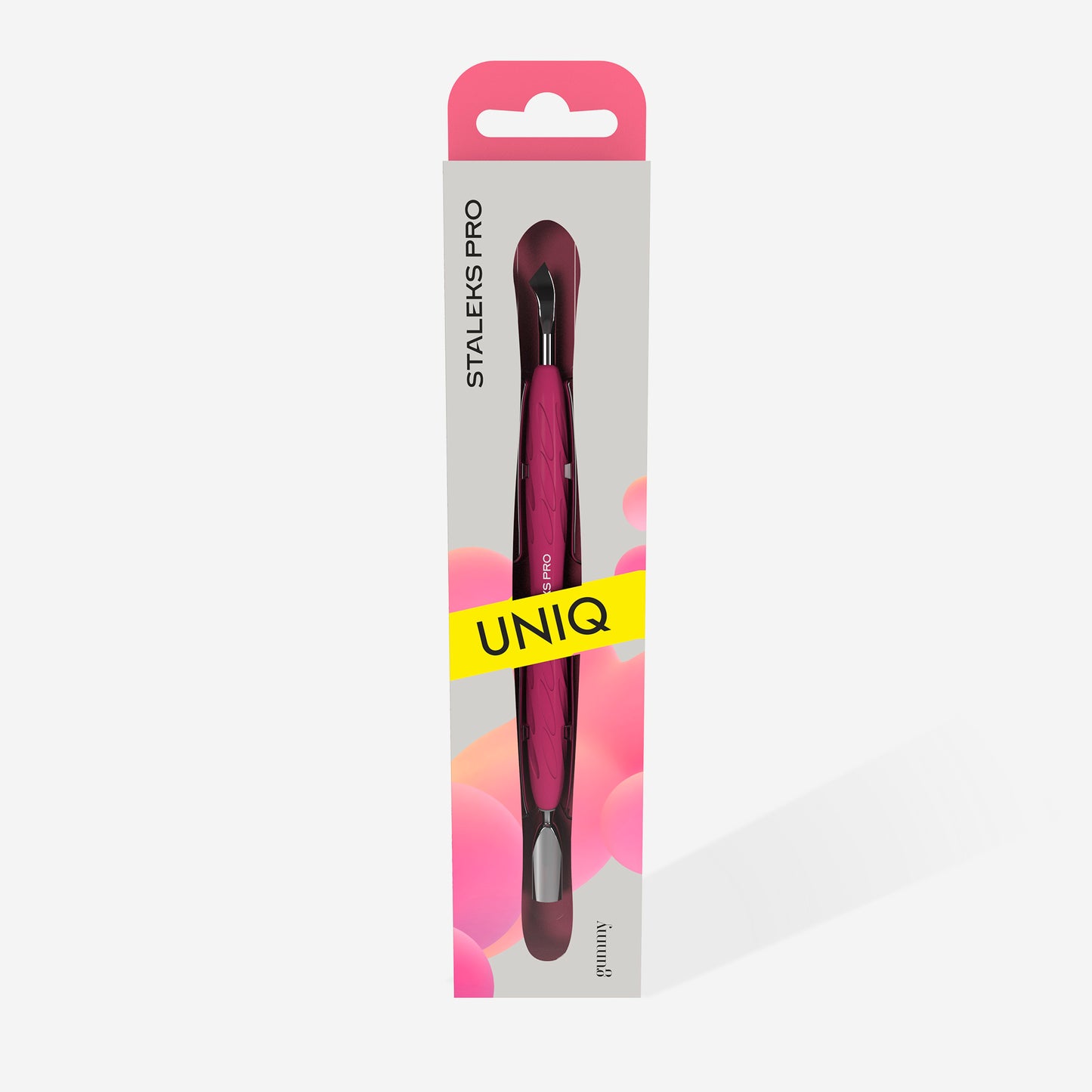 PQ-10/4.2 Manicure pusher Gummy with silicone handle UNIQ 10 TYPE 4.2 (rounded narrow pusher and bent blade)