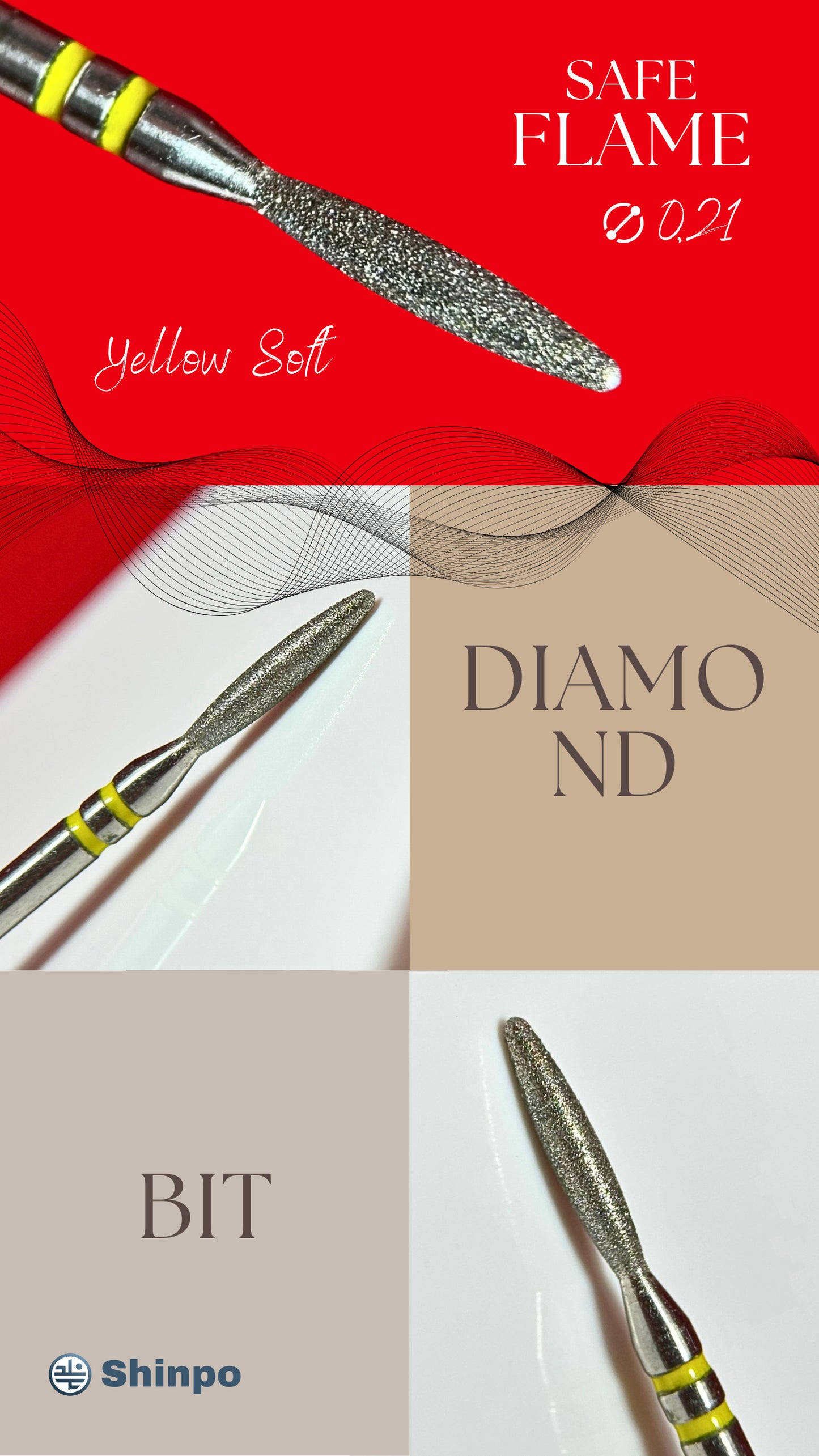 Safe Flame Ø0.21 mm | E-File Diamond Nail Drill Bit | Yellow Soft Grit