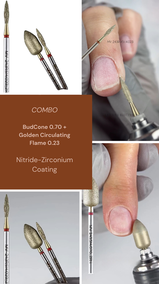 Diamond Nail Bit Duo: BudCone 0.70 + Flame 0.23 Red (Golden-Circulating) Nitride-Zirconium Coating