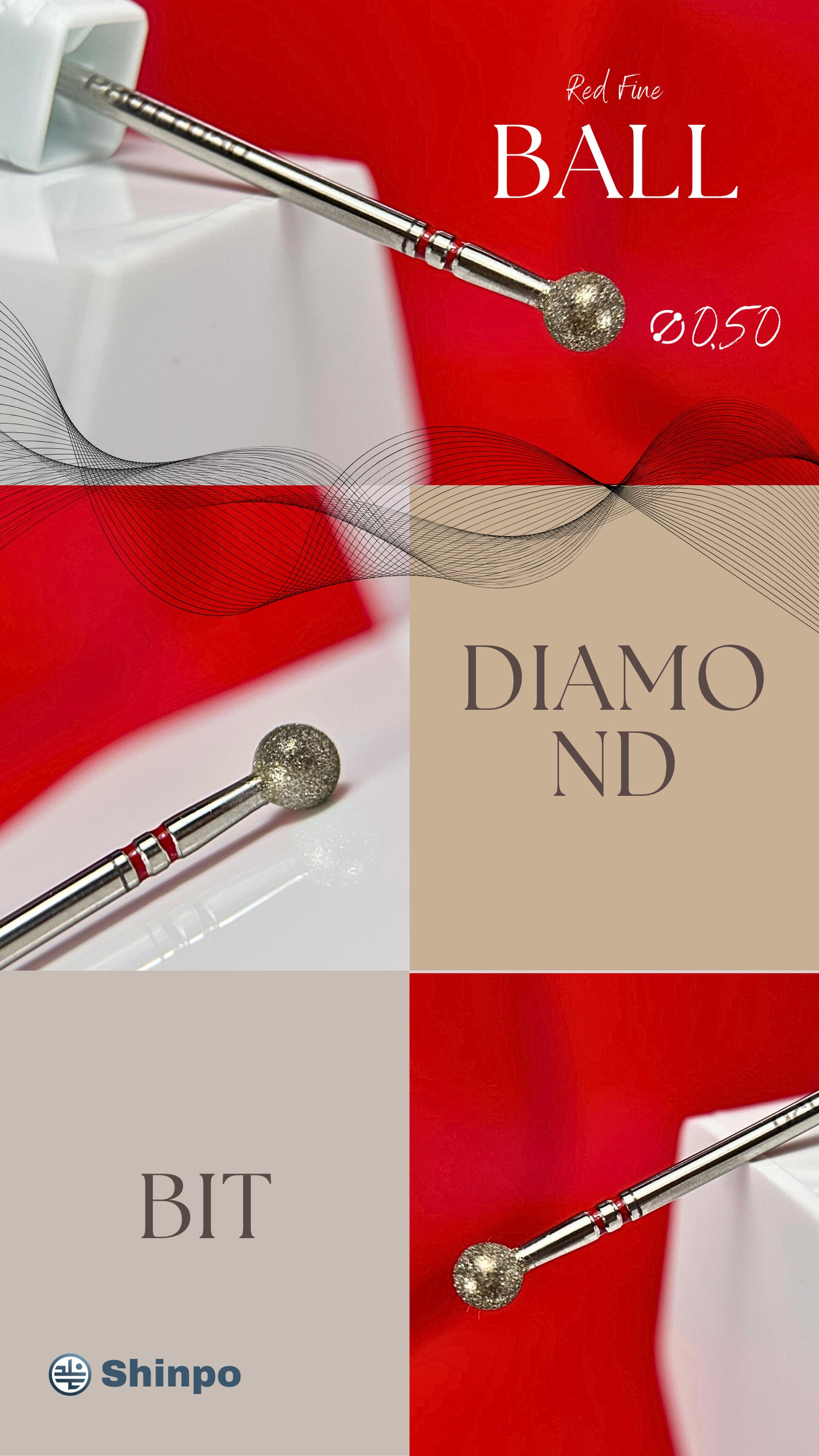 Ball Ø0.50 mm | E-File Diamond Nail Drill Bit | Red Fine Grit