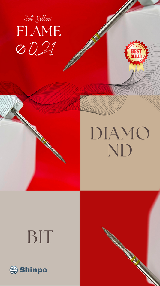 a collection of nail drill bits with a flame-shaped tip, prominently featuring the Diamond Bit Flame E-File Nail Drill Bit D-021 in yellow soft grit. The background is red with a swirl of white, and the text emphasizes the product's features and grit type.