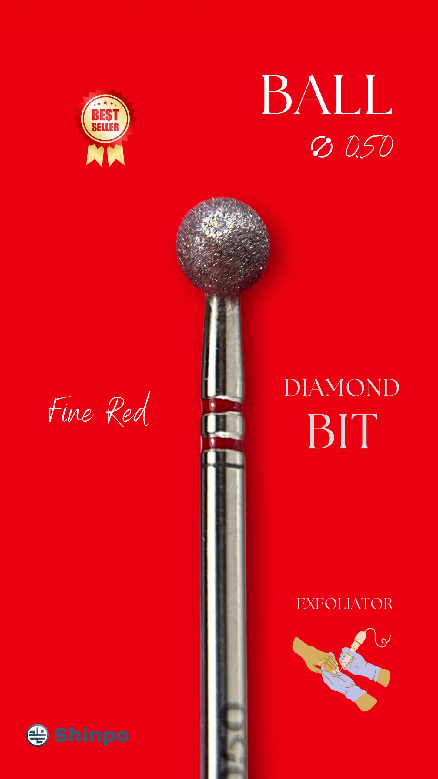 Ball Ø0.50 mm | E-File Diamond Nail Drill Bit | Red Fine Grit