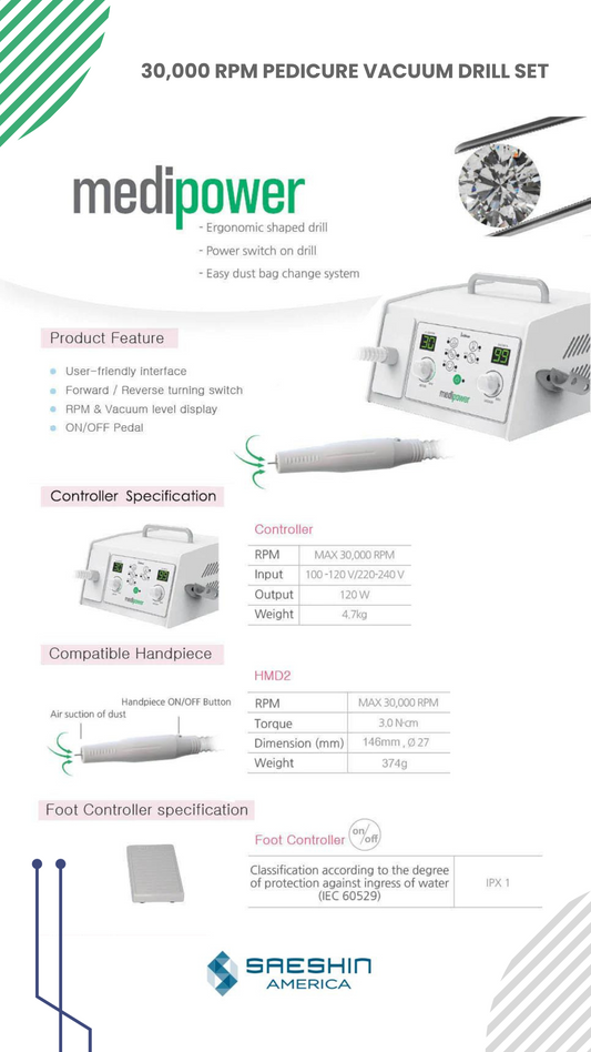 MEDI-POWER 30,000 RPM PEDICURE VACUUM DRILL SET