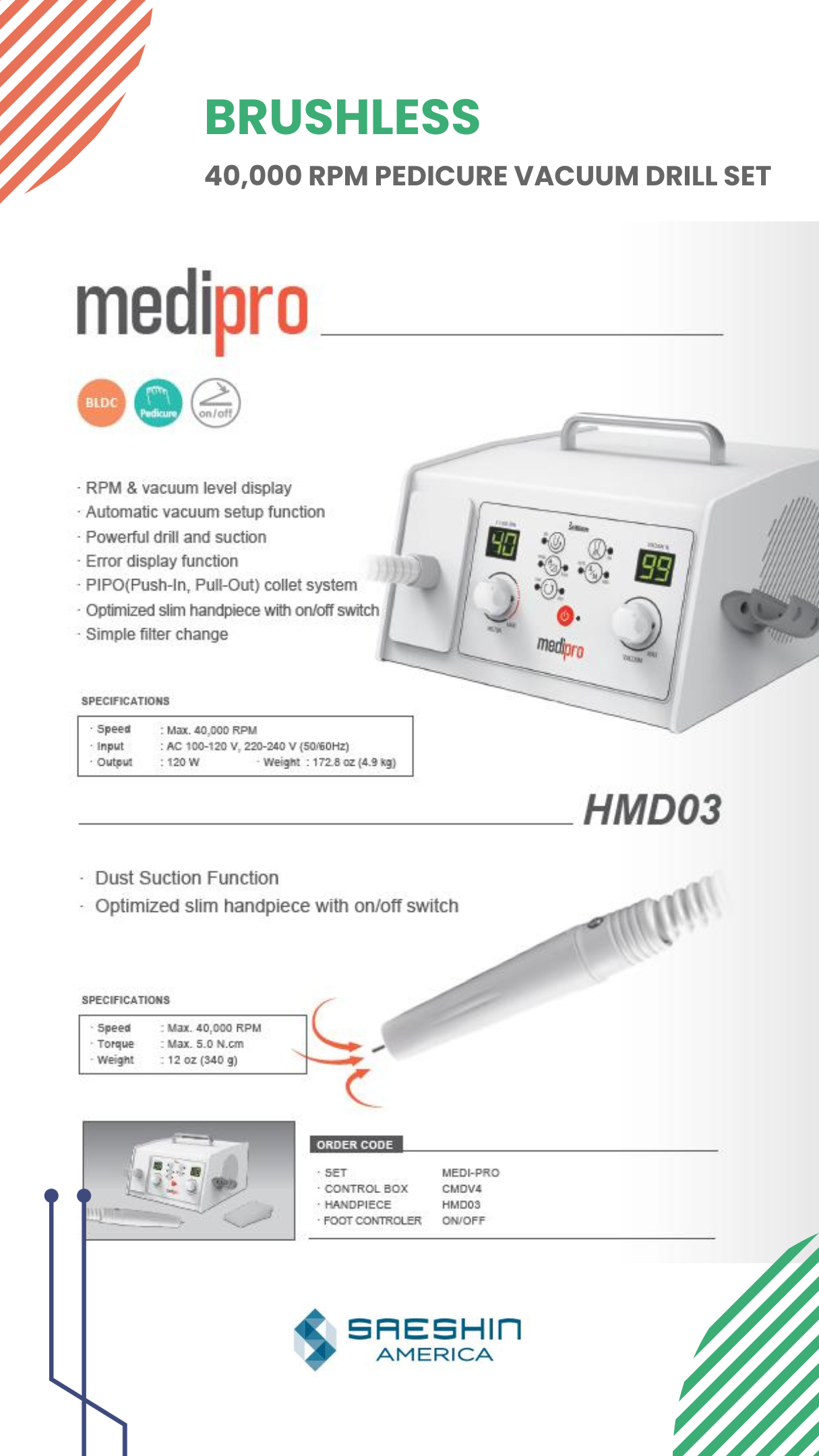 MEDI-PRO BRUSHLESS 40,000 RPM PEDICURE VACUUM DRILL SET