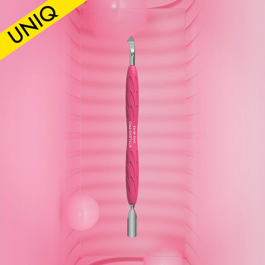 PQ-10/4.2 Manicure pusher Gummy with silicone handle UNIQ 10 TYPE 4.2 (rounded narrow pusher and bent blade)