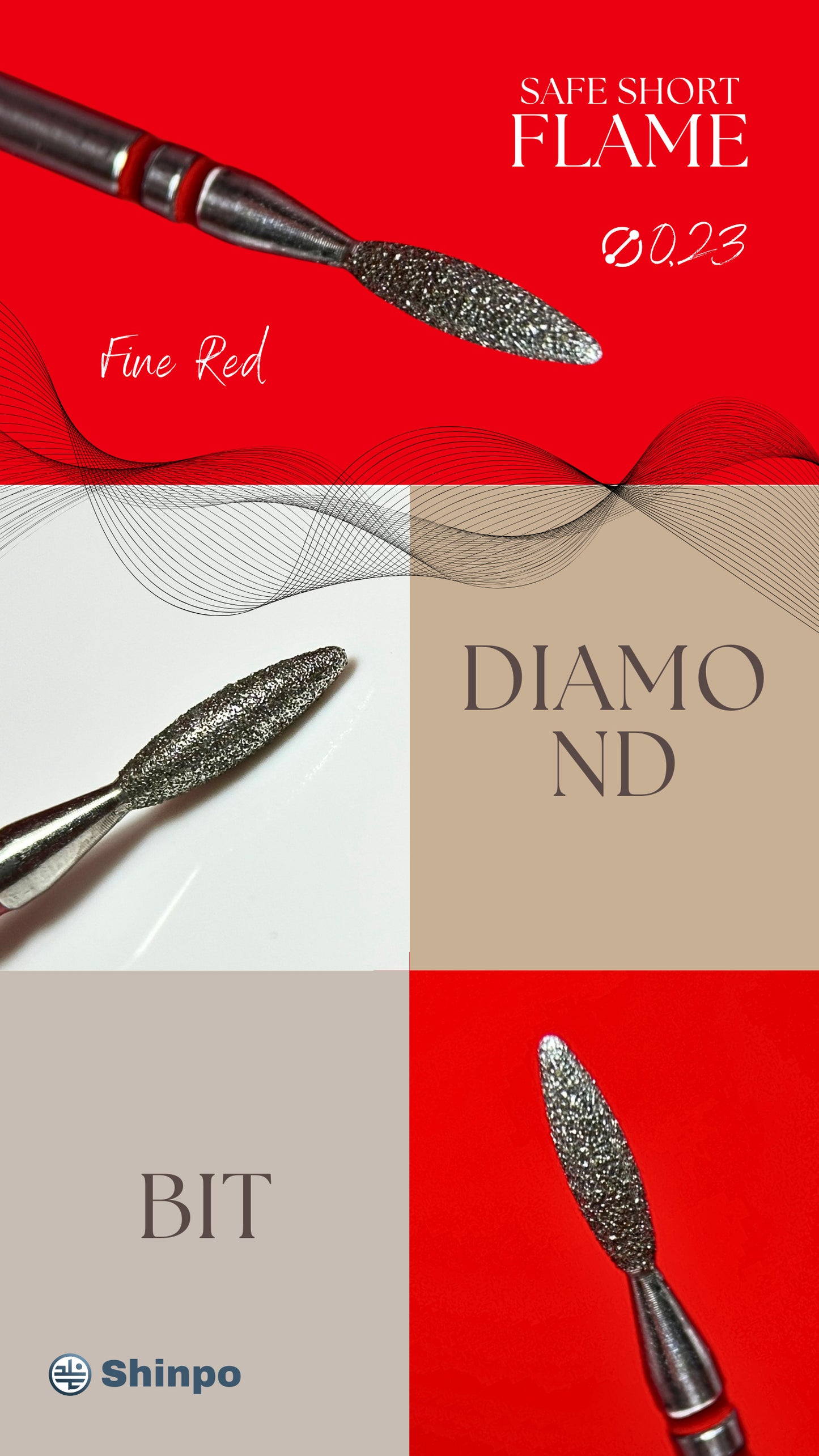 Safe Short Flame Ø0.23 mm | E-File Diamond Nail Drill Bit | Red Fine Grit
