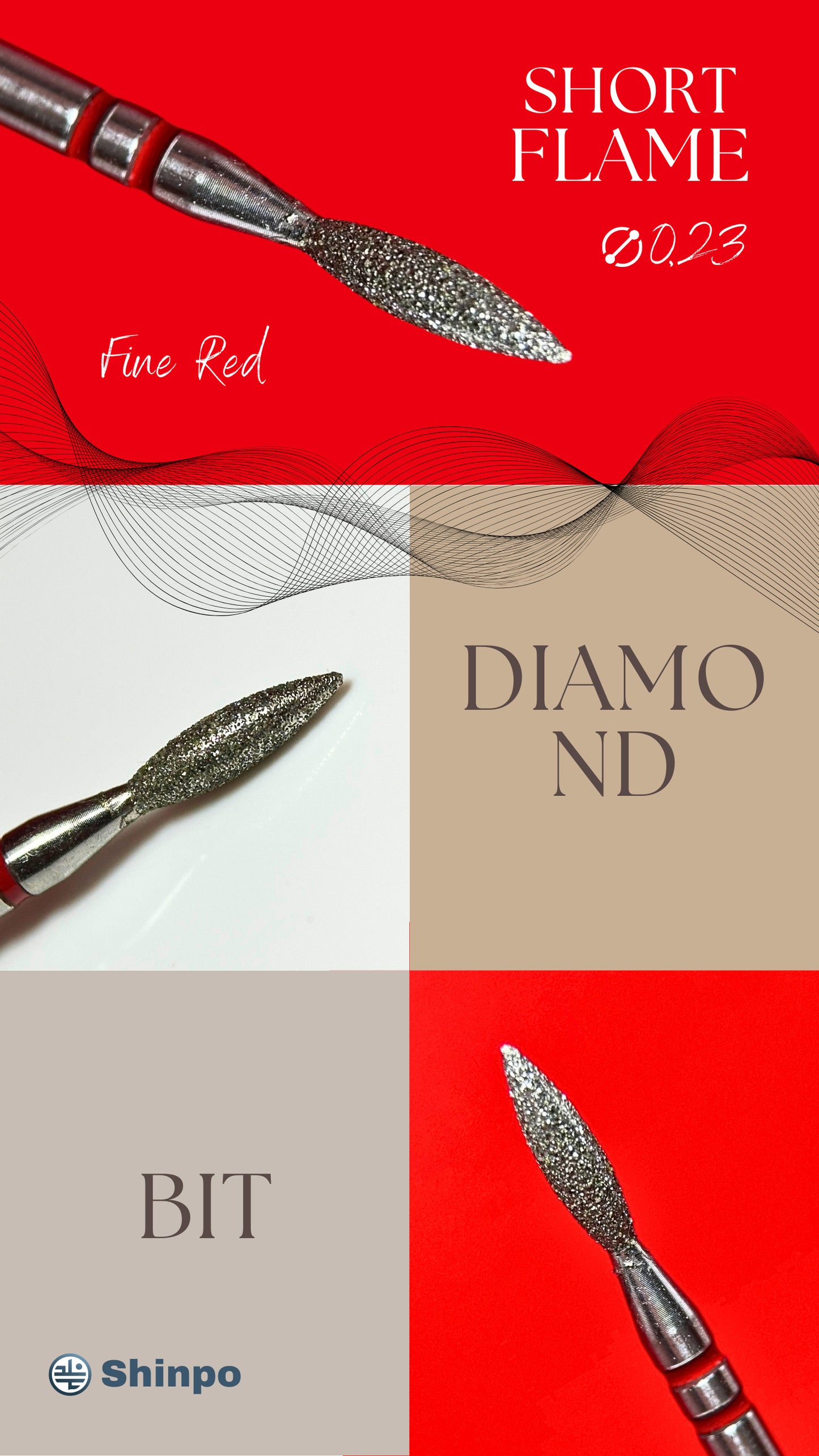 Short Flame Ø0.23 mm | E-File Diamond Nail Drill Bit | Red Fine Grit
