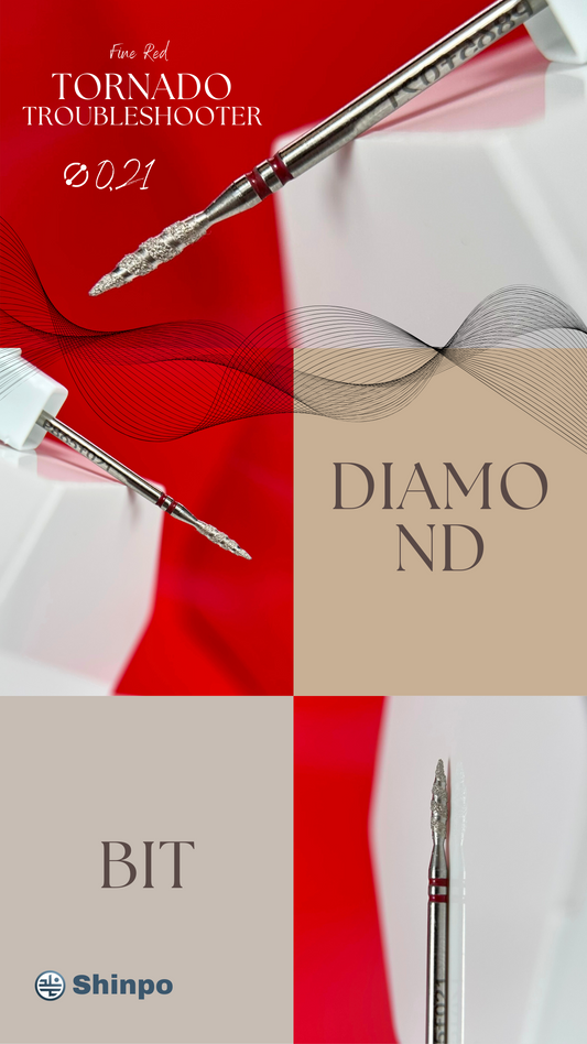 The Tornado Bit with red fine grit is a powerful troubleshooter bit designed to address and fix leaks, bumps, and imperfections on the nail surface.